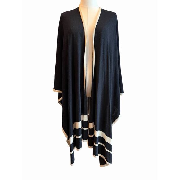 Lauren Ralph Lauren Black Wool Cardigan Cape Shawl Ruana Beige Striped Size S/M - Picture 1 of 7